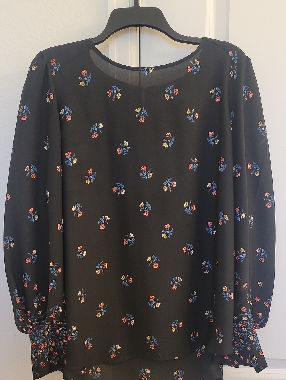 Women’s Black Floral Long-Sleeve Blouse - Black with Blue, Red, Yellow Accents
